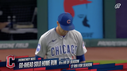 Cubs relief pitcher Drew Smyly gives up a home run against the Guardians